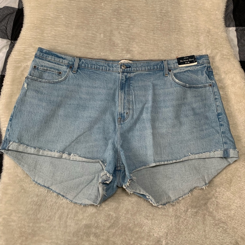 New Abercrombie & Fitch Mom High Rise Curve Love Blue Shorts Plus 37 24‎ b